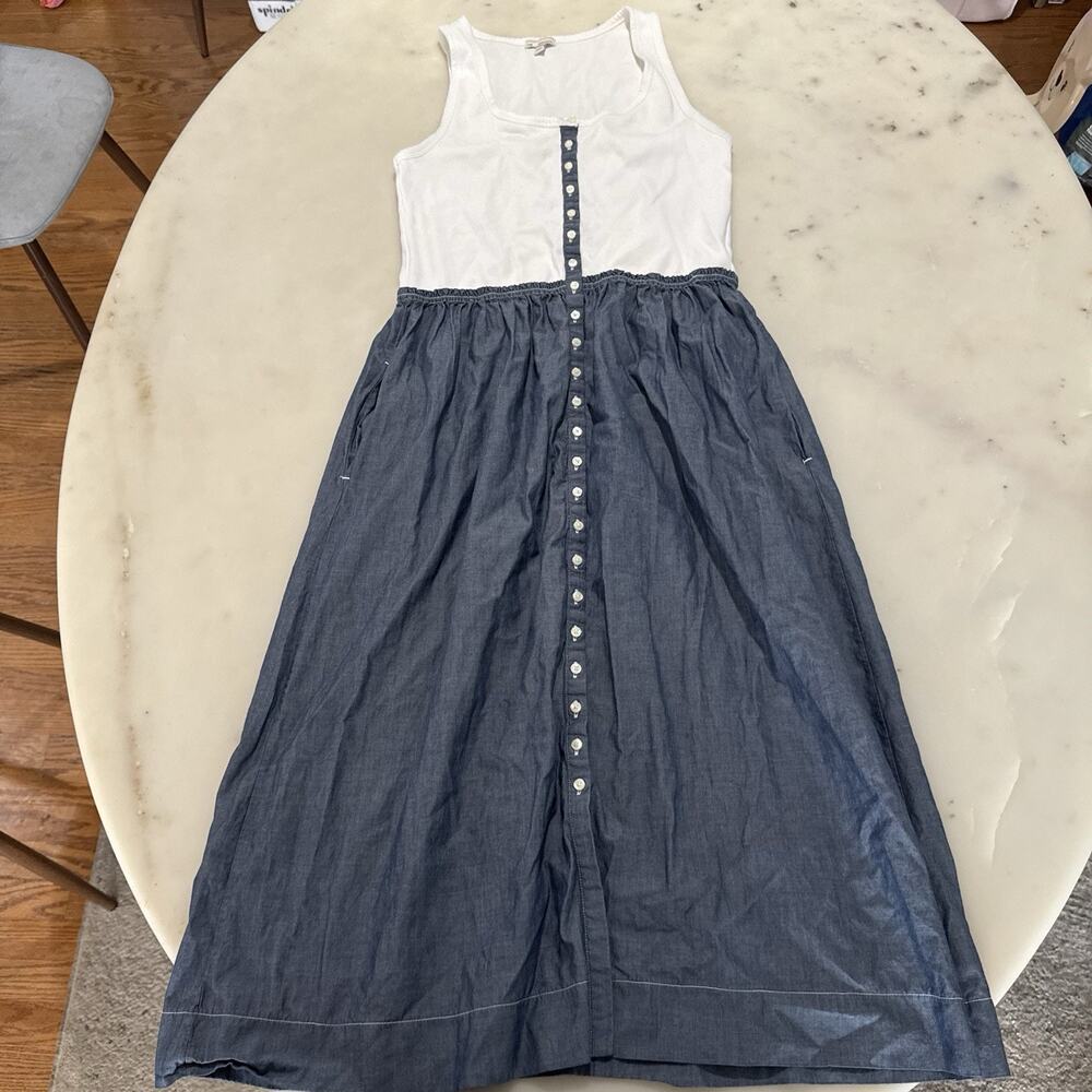 Gap Tank Top Sun Dress Sz L Blue Denim White Color Block Elastic Waist Pockets